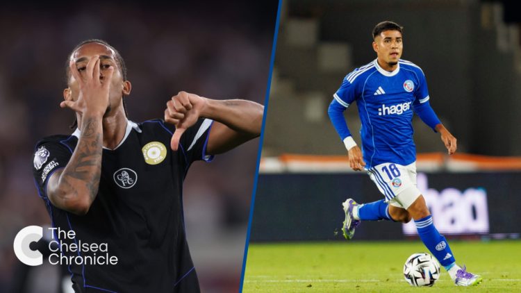 Split image - Joao Pedro of Chelsea celebrates after scoring and Strasbourg winger Kendry Paez dribbling