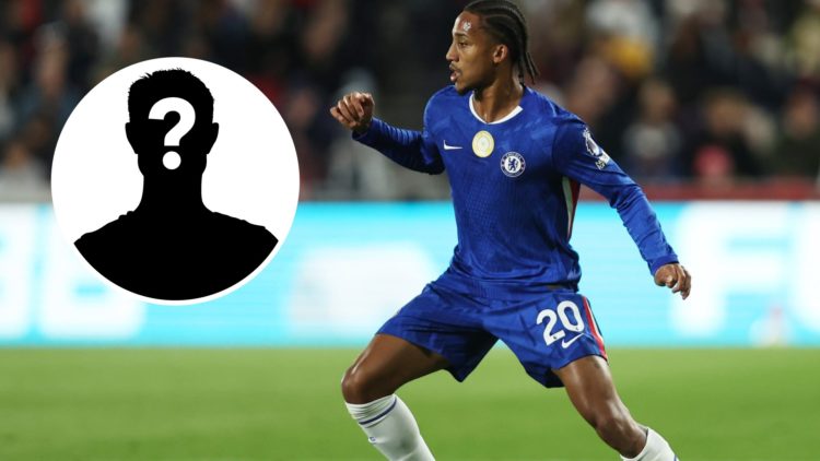 Joao Pedro playing for Chelsea against Brentford in the Premier League. Inset, mystery football player