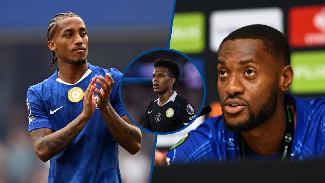 Split image - Joao Pedro applauds Chelsea fans and Tosin Adarabioyo speaking after victory against Real Betis, inset Estevao Willian looking on