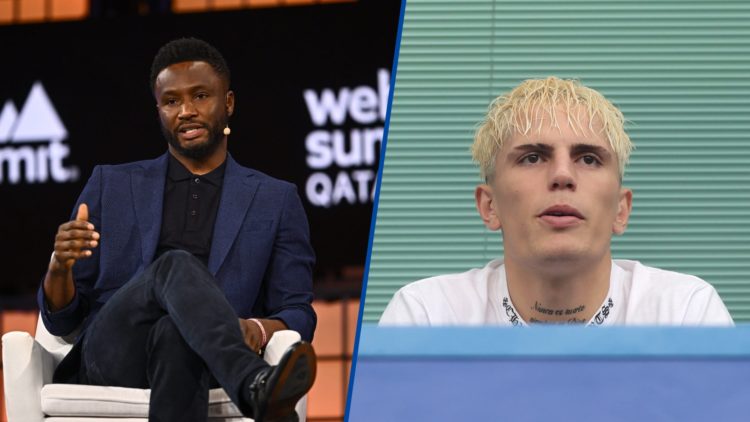 Split image - John Obi Mikel speaking at summit and Chelsea signing Alejandro Garnacho in stands