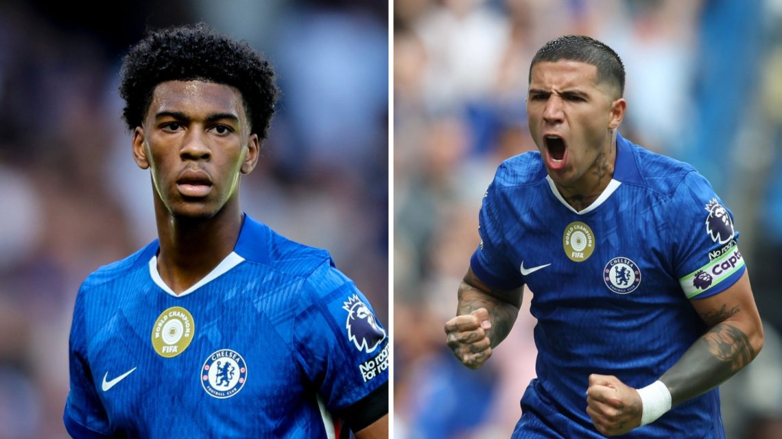 Picture one Josh Acheampong during the Premier League match between Chelsea and Crystal Palace. Picture two Chelsea midfielder Enzo Fernandez celeb...