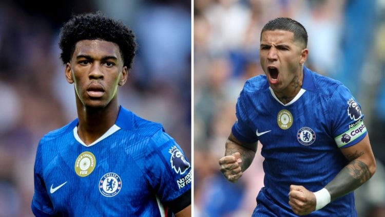 Picture one Josh Acheampong during the Premier League match between Chelsea and Crystal Palace. Picture two Chelsea midfielder Enzo Fernandez celeb...