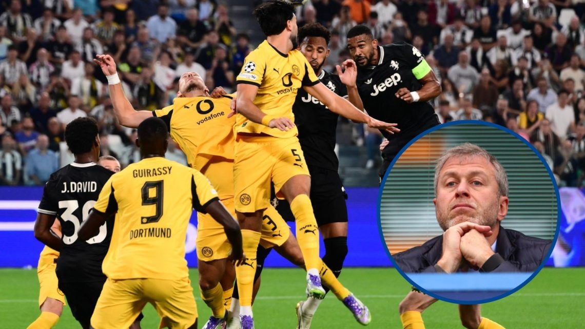 Juventus defender Gleison Bremer wins header, inset Roman Abramovich in stands watching Chelsea game