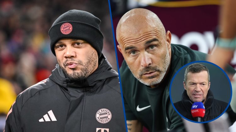 Split image - Bayern Munich manager Vincent Kompany in hat and Chelsea boss Enzo Maresca sitting down, inset Lothar Matthaus holding microphone