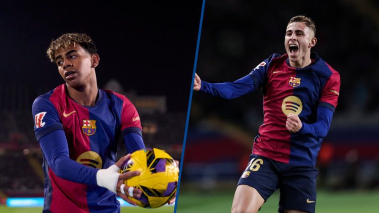 Split image - Lamine Yamal of FC Barcelona looks on and Barcelona star Fermin Lopez celebrates against Valencia