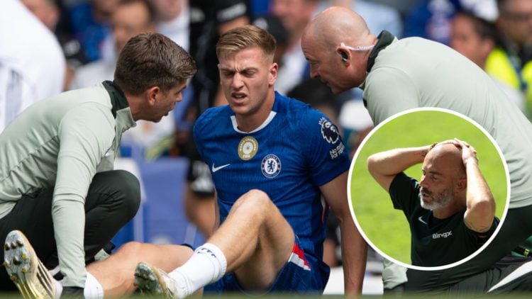 Liam Delap receives medical attention on the pitch after picking up an injury during Chelsea against Fulham in the Premier League. Enzo Maresca rea...