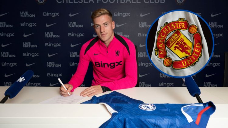 Liam Delap signs a contract as Chelsea unveil new signing, inset Manchester United corner flag