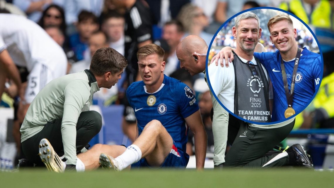 Chelsea striker Liam Delap down injured, inset Liam Delap celebrating with father Rory Delap