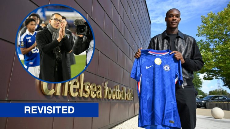 Emanuel Emegha posing with Chelsea shirt, inset Strasbourg manager Liam Rosenior clapping