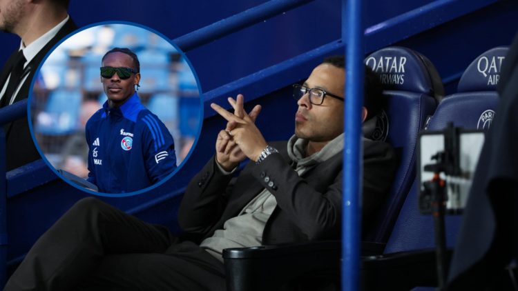 Strasbourg manager Liam Rosenior sitting in dugout, inset Emanuel Emegha before game