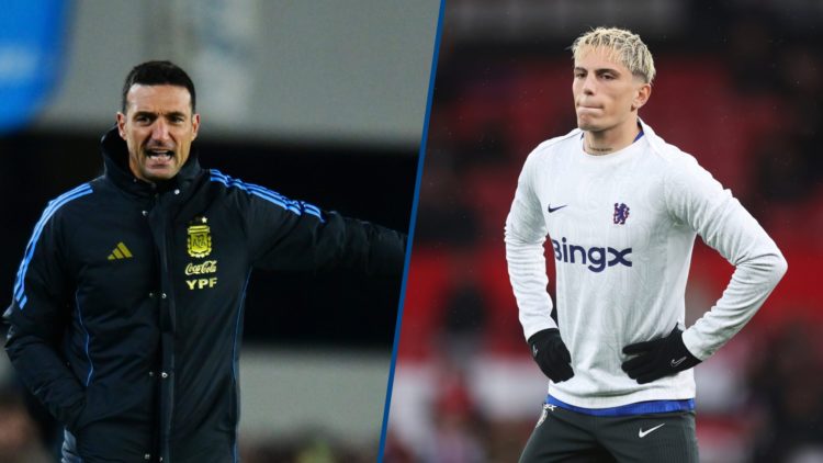 Split image - Argentina manager Lionel Scaloni on touchline and Alejandro Garnacho warms up before Manchester United v Chelsea
