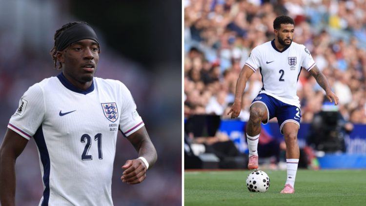 Noni Madueke looks on during England v Andorra - FIFA World Cup 2026 Qualifier. Reece James controls the ball during England v Andorra - FIFA World...