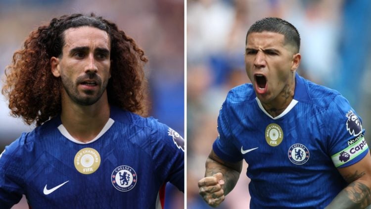 Picture one Marc Cucurella playing for Chelsea against Fulham in the Premier League. Picture two Enzo Fernandez celebrates scoring for Chelsea agai...