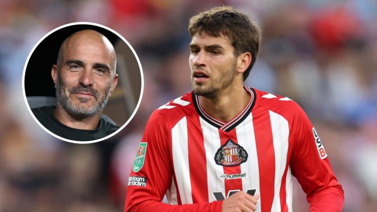 Marc Guiu playing for Sunderland against Huddersfield Town in the Carabao Cup. Inset, Chelsea manager Enzo Maresca during the Club World Cup match ...