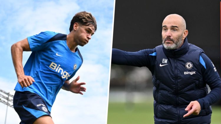 Picture one Chelsea striker Marc Guiu during a training session at Cobham. Picture two Chelsea head coach Enzo Maresca working on the training pitc...
