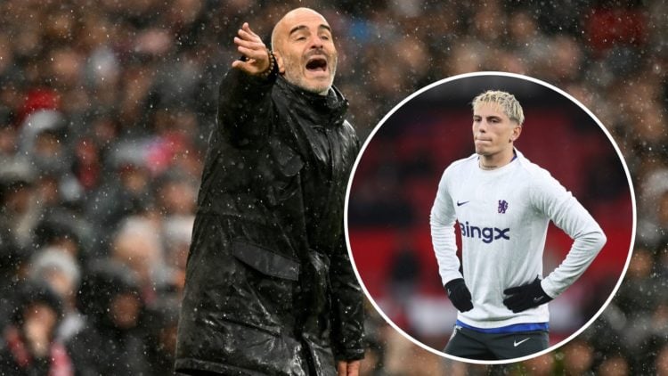 Enzo Maresca issues instructions during Manchester United vs Chelsea. Inset: Alejandro Garnacho warms up before Manchester United v Chelsea - Premi...
