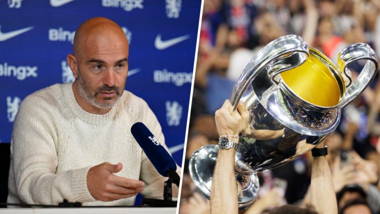 Enzo Maresca speaks to the media during Chelsea Training Session and Press Conference. Paris Saint-Germain Celebrate UEFA Champions League Final 20...