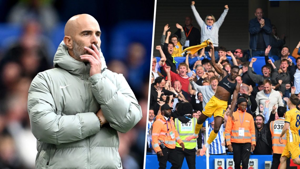 Enzo Maresca looks on during Chelsea v Brighton & Hove Albion - Premier League. Danny Welbeck celebrates scoring during Chelsea v Brighton &...