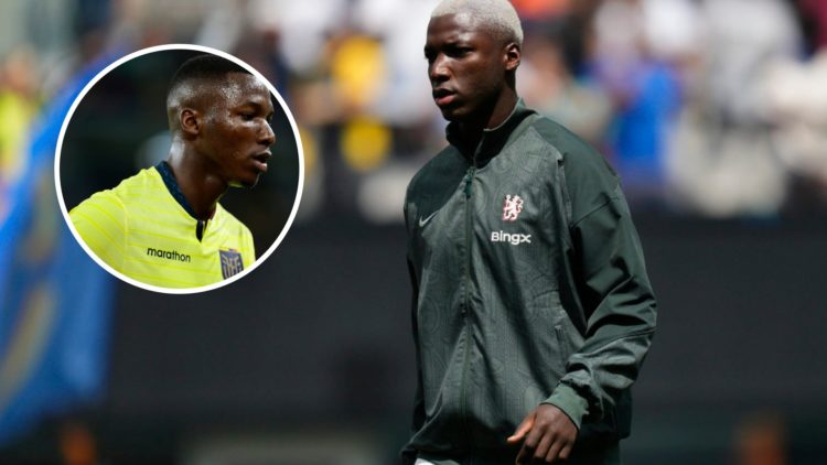 Moises Caicedo before Fluminense against Chelsea at the Club World Cup. Inset, Moises Caicedo playing for Ecuador against Colombia in a World Cup q...