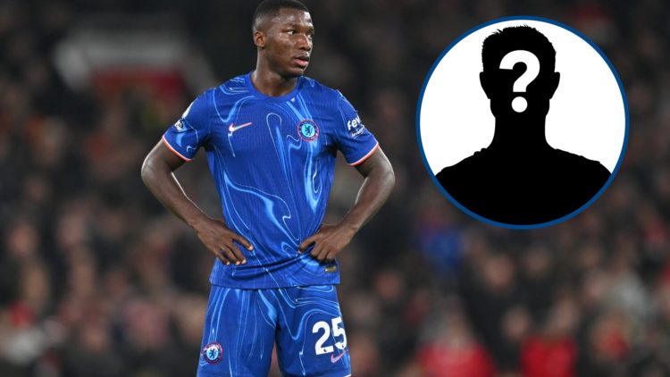 Chelsea midfielder Moises Caicedo with hands on hip, inset mystery player