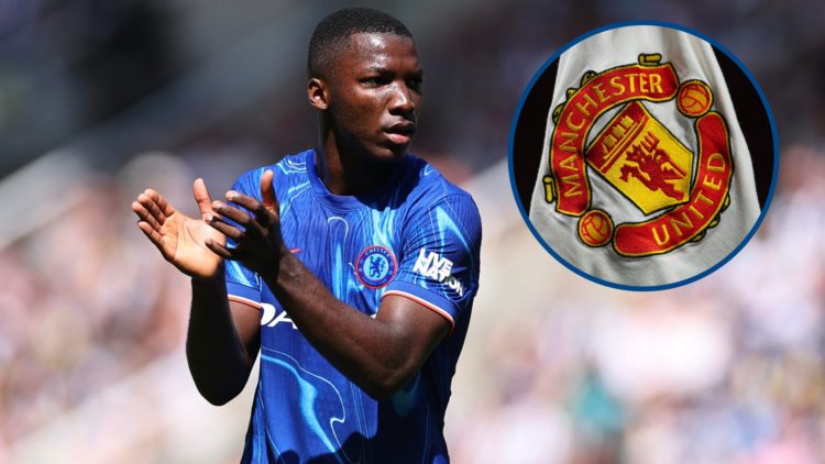 Chelsea midfielder Moises Caicedo gesturing, inset Manchester United corner flag