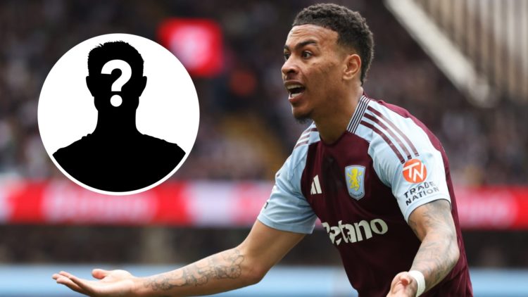 Morgan Rogers playing for Aston Villa against Fulham in the Premier League. Inset, mystery football player.