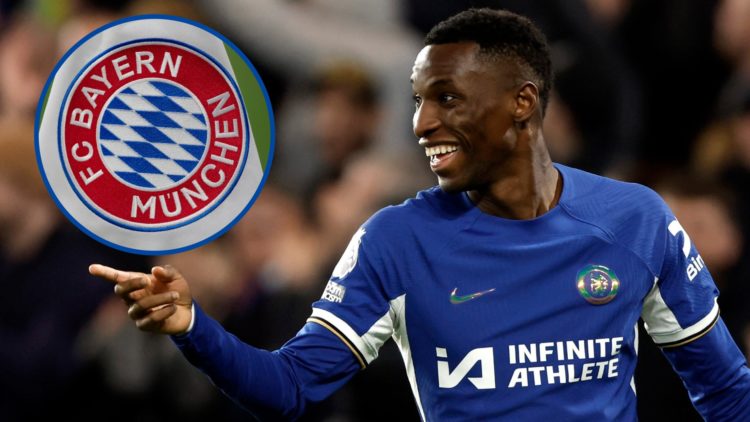 Nicolas Jackson of Chelsea celebrates during the Premier League match between Chelsea FC and Newcastle United, inset Bayern Munich corner flag