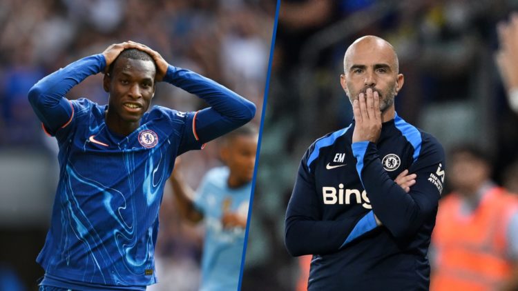 Split image - Chelsea's Nicolas Jackson reacts after scoring offside goal against Manchester City and Enzo Maresca looking on