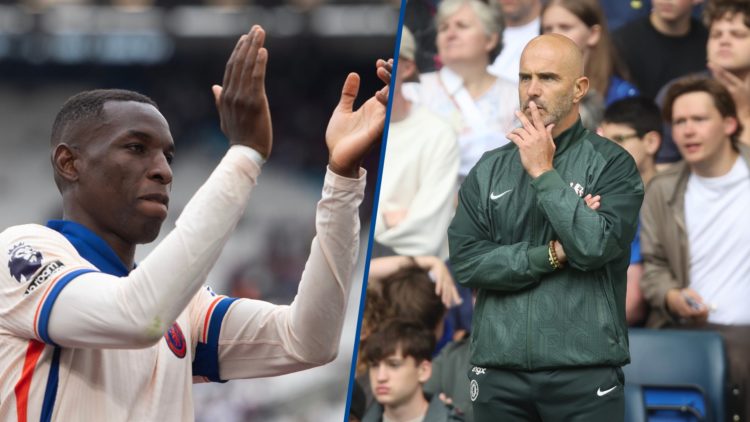 Split image - Nicolas Jackson of Chelsea clapping and Enzo Maresca looks on during Chelsea v Fulham