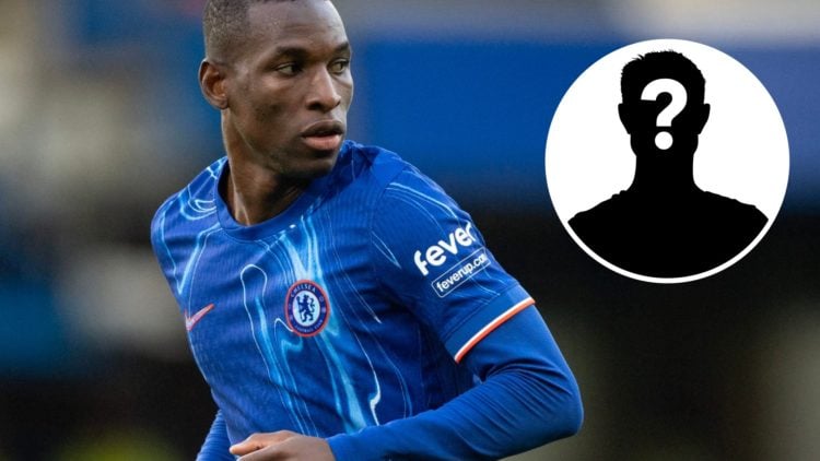 Nicolas Jackson playing for Chelsea against Aston Villa in the Premier League. Inset, mystery football player.