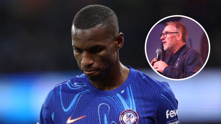 Nicolas Jackson playing for Chelsea against Manchester City in the Premier League. Inset, Paul Merson on stage at the Legends of Football.