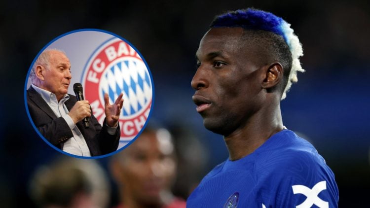 Nicolas Jackson during match between Chelsea and Everton, inset Bayern Munich's board member and former president Uli Hoeness speaking