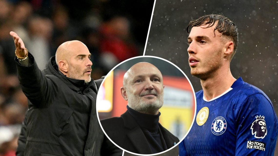 Cole Palmer looks on during Manchester United vs Chelsea. Enzo Maresca reacts during Manchester United vs Chelsea. Inset: Frank Leboeuf looks on ah...