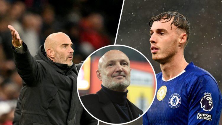 Cole Palmer looks on during Manchester United vs Chelsea. Enzo Maresca reacts during Manchester United vs Chelsea. Inset: Frank Leboeuf looks on ah...