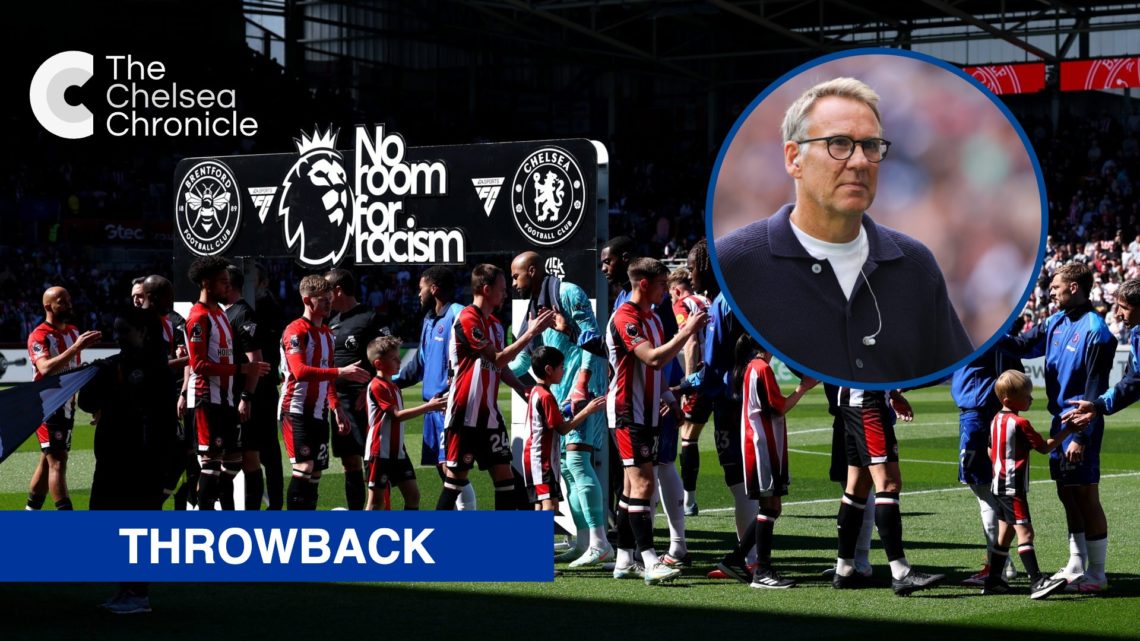 Brentford and Chelsea players shaking hands, inset pundit Paul Merson at Tottenham vs Arsenal game