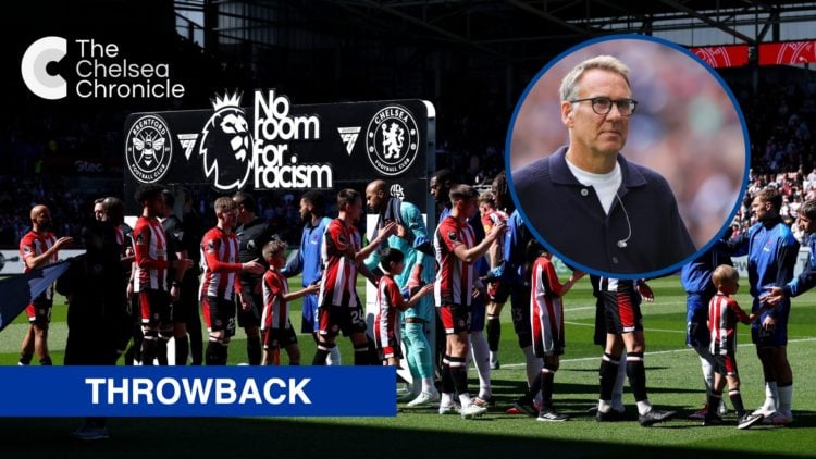 Brentford and Chelsea players shaking hands, inset pundit Paul Merson at Tottenham vs Arsenal game