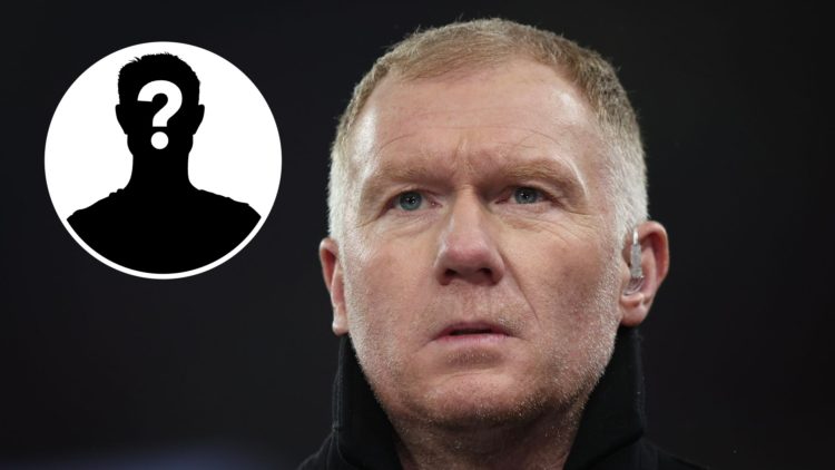 Manchester United legend Paul Scholes as a pundit in the Champions League. Inset, mystery football player