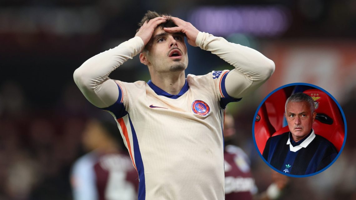 Chelsea winger Pedro Neto holding head, inset Jose Mourinho during Fenerbahce vs Benfica