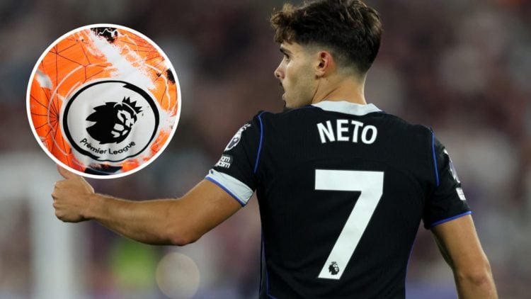 Chelsea winger Pedro Neto puts his thumbs up during the Premier League match against West Ham. Inset, The Premier League logo on the 2023/24 football.