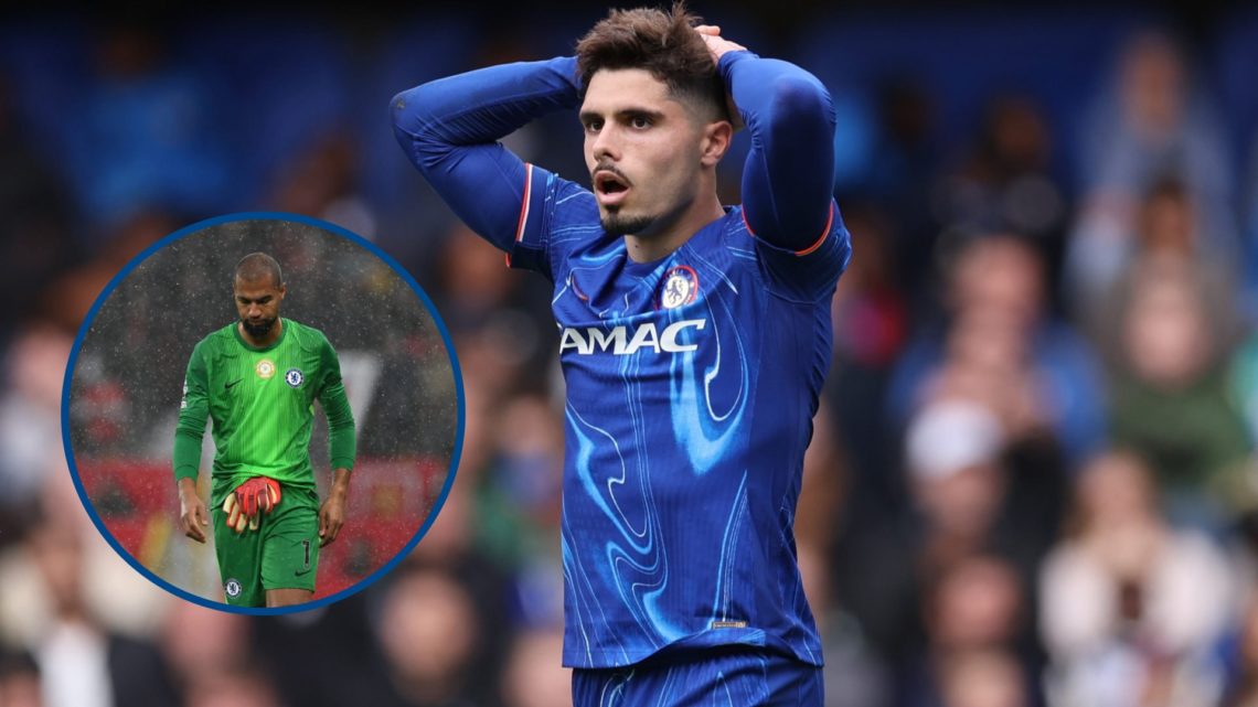 Chelsea winger Pedro Neto with hands on head, inset Robert Sanchez getting sent off