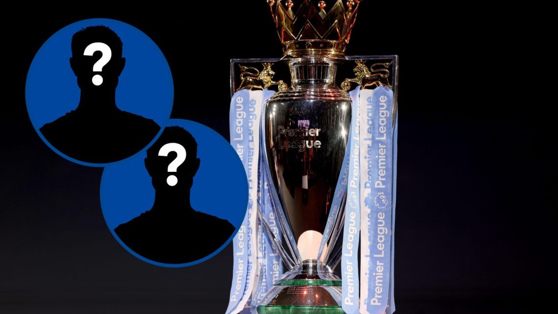Premier League trophy on display, inset mystery player x2