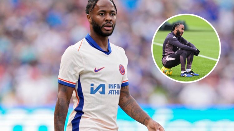 Raheem Sterling playing for Chelsea against Manchester City in a pre-season friendly. Inset, Raheem Sterling sitting on a football in a training se...