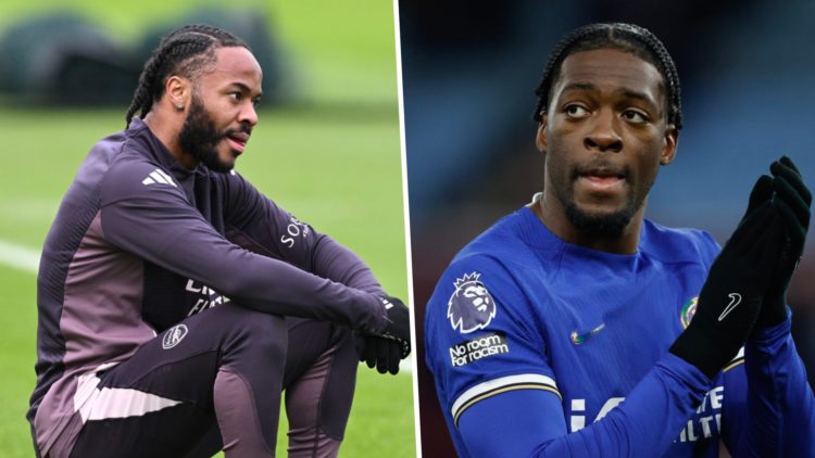 Picture one Raheem Sterling sitting on a football in a training session for Arsenal. Picture two Axel Disasi playing for Chelsea against Aston Vill...