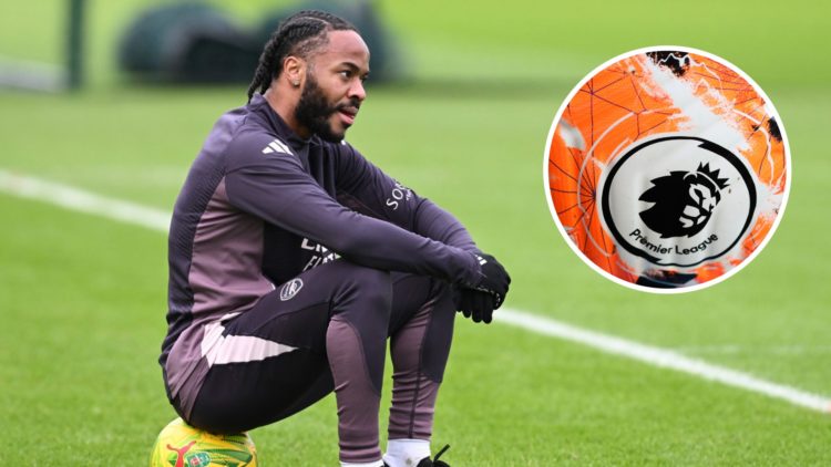 Raheem Sterling in training at the Arsenal training ground. Inset, the Premier League logo on the 2023/24 football.