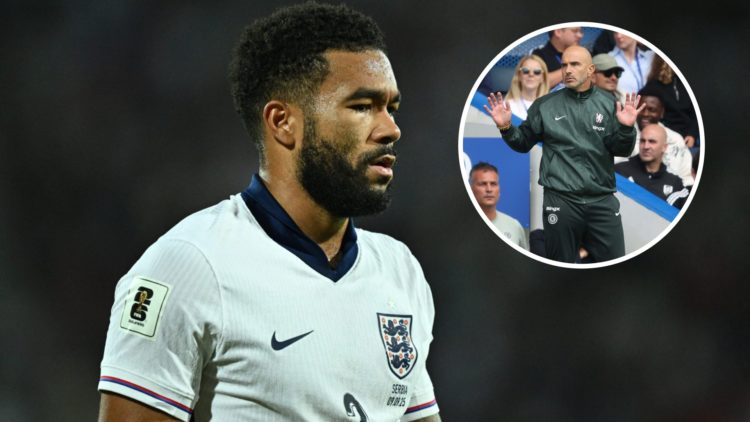Reece James playing for England (left) with Enzo Maresca on the touchline overlayed (right)