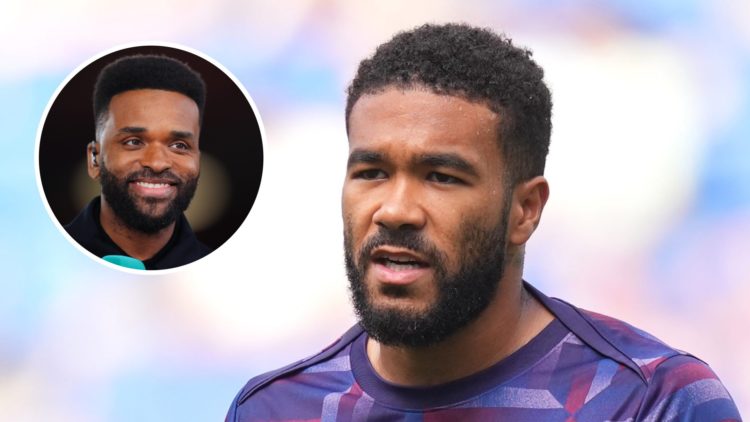 Chelsea captain Reece James warming up for England before a World Cup qualifier. Inset, Darren Bent as a pundit for ITV Sport during the FA Cup.