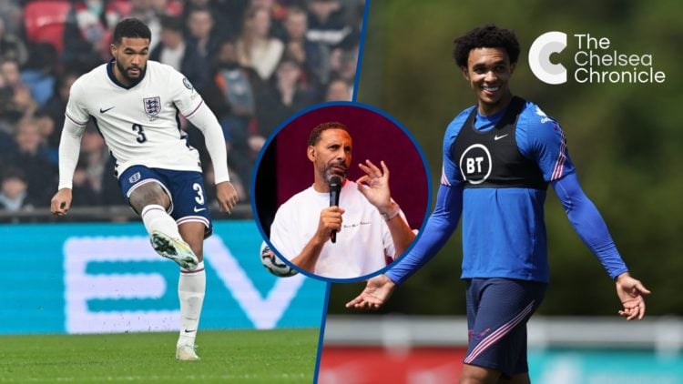 Split image - England's Reece James passing the ball and Trent Alexander-Arnold during a training session, inset Rio Ferdinand attending event
