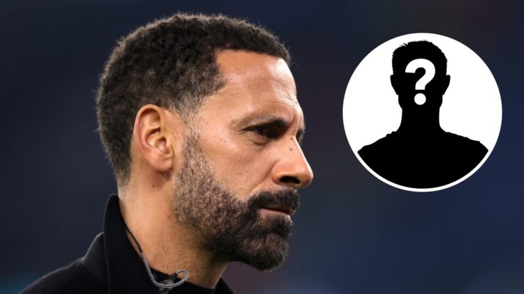 Rio Ferdinand working as a pundit for a Champions League match. Inset, mystery football player.