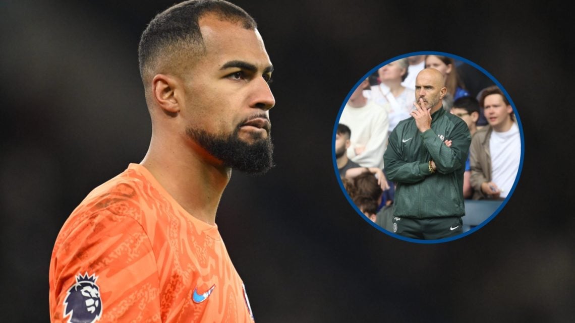 Robert Sanchez during Manchester City vs Chelsea, inset Enzo Maresca looks on during Chelsea vs Fulham