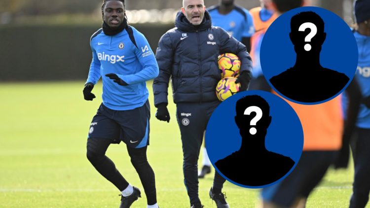 Enzo Maresca and Romeo Lavia during Chelsea training session, inset mystery player x2